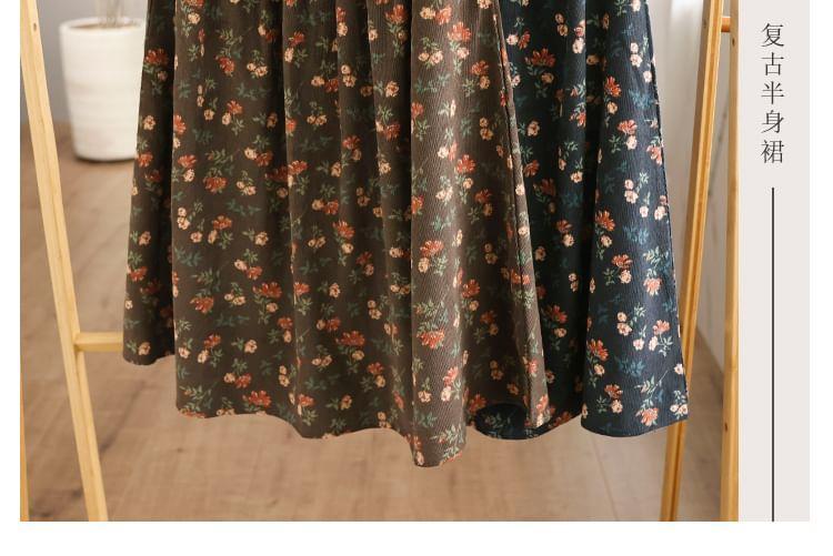 Elastic Waist Floral Corduroy Midi A-Line Skirt Product Image