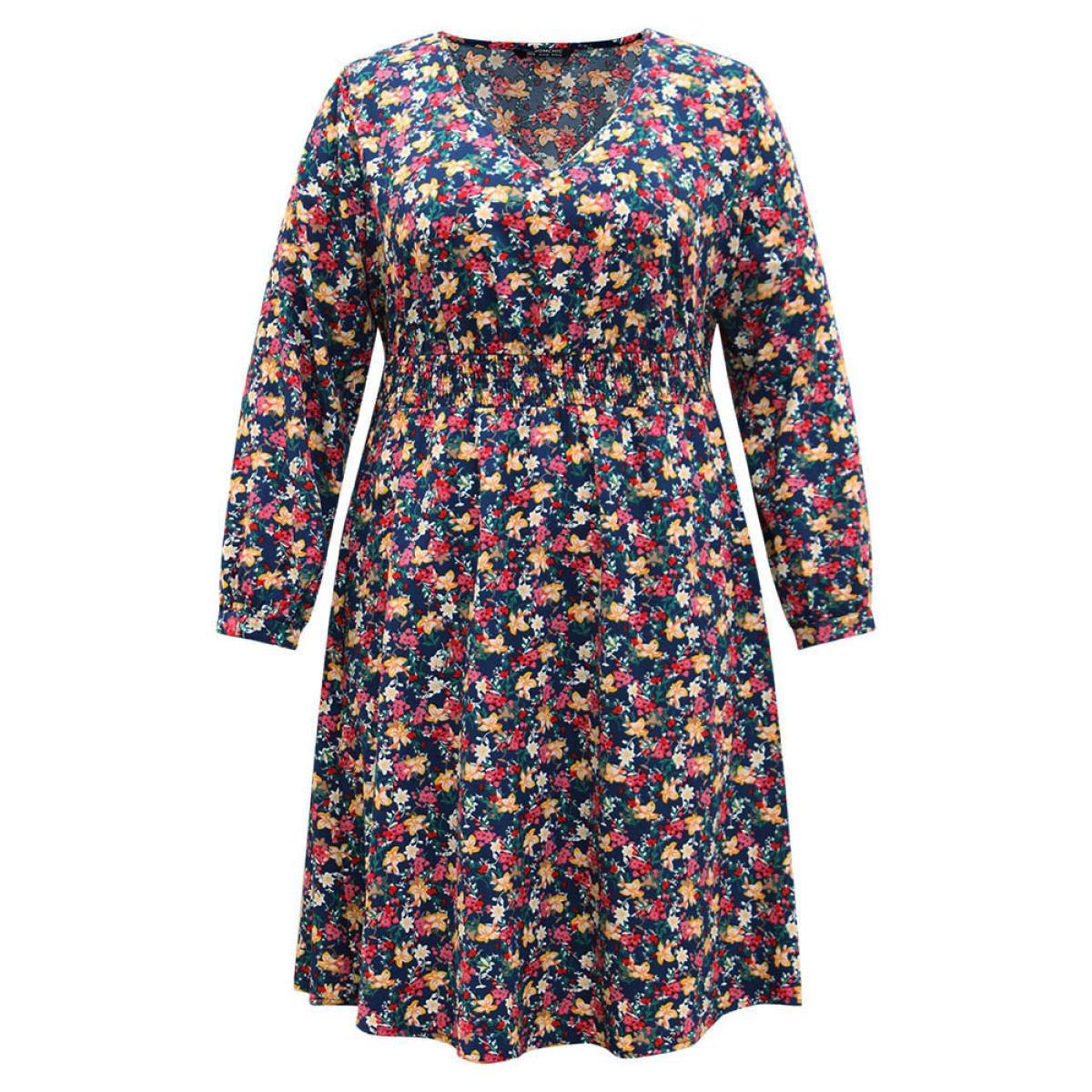 Plus Size Ditsy Floral Shirred Knee Dress DarkBlue Women Elegant Printed V-neck Long Sleeve Curvy Knee Dress BloomChic 10/M Product Image