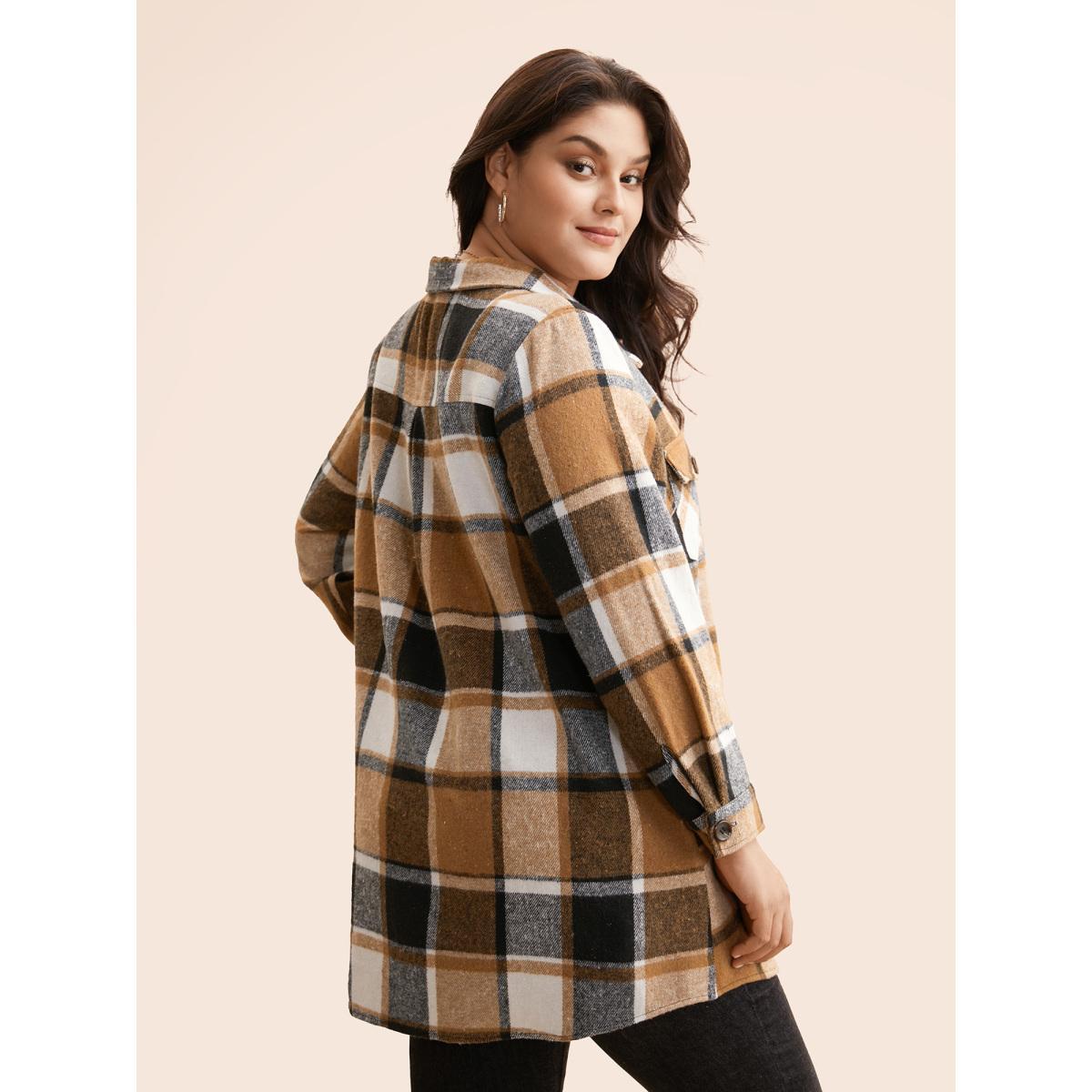 Plus Size Plaid Chest Pockets Long Jacket Women Bronze Button Loose Side seam pocket Everyday Jackets BloomChic 30/6X Product Image