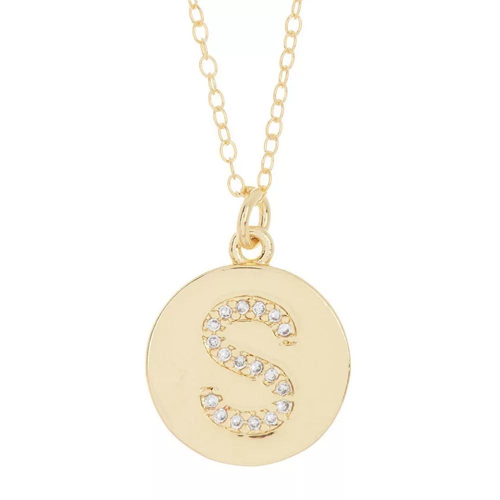Adornia 14k Gold Plated Cubic Zirconia Engraved Letter Disc Pendant Necklace, Women's, Size: 18", Gold Tone T Product Image