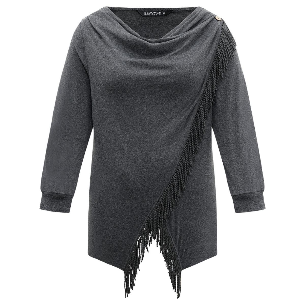 Plus Size Cowl Neck Tassels Button Detail Wrap Sweatshirt Women DimGray Elegant Wrap Cowl Neck Everyday Sweatshirts BloomChic 26/4X Product Image