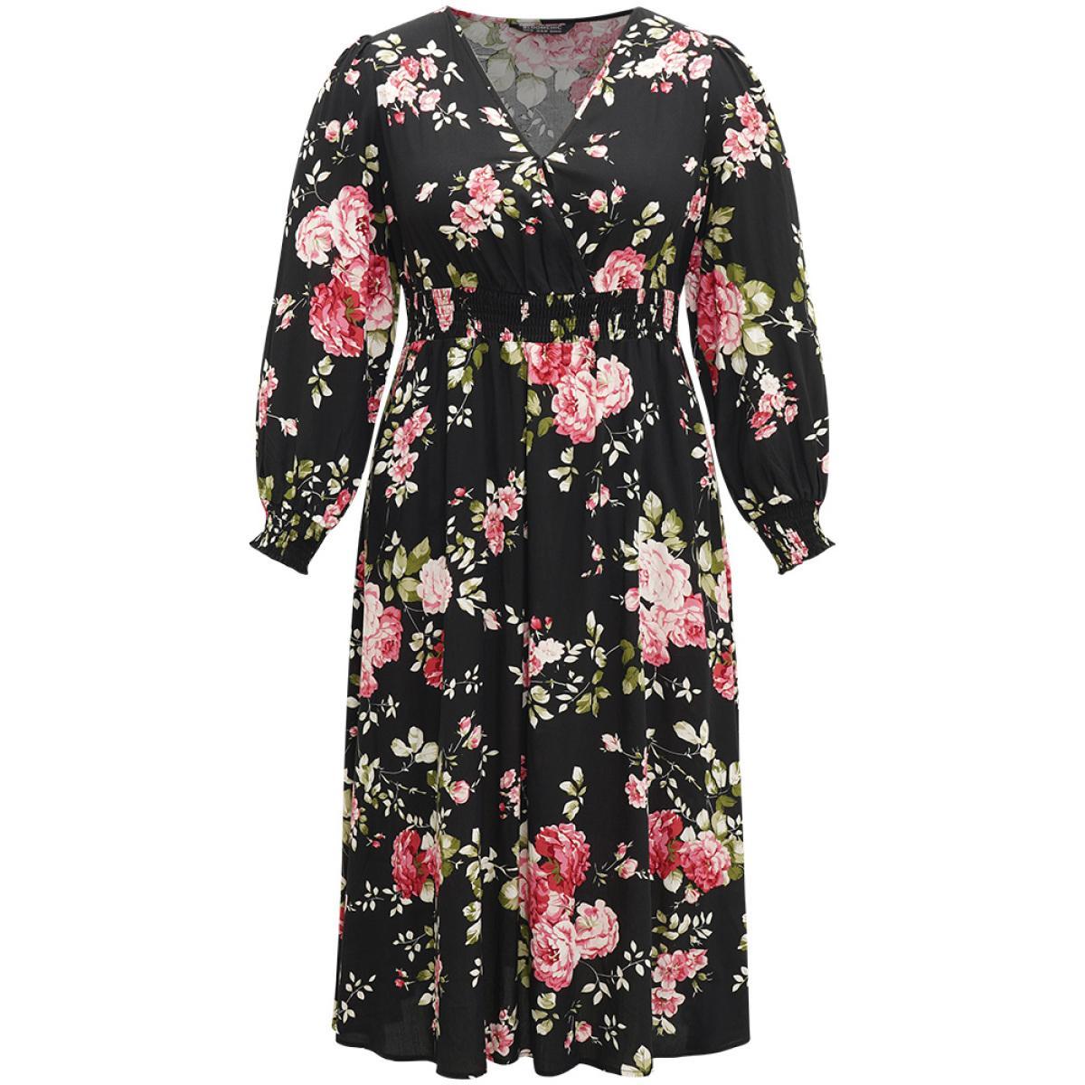 Plus Size Supersoft Essentials Floral Pocket Shirred Dress Black Women Elegant Wrap Overlap Collar Long Sleeve Curvy Midi Dress BloomChic 30/6X Product Image