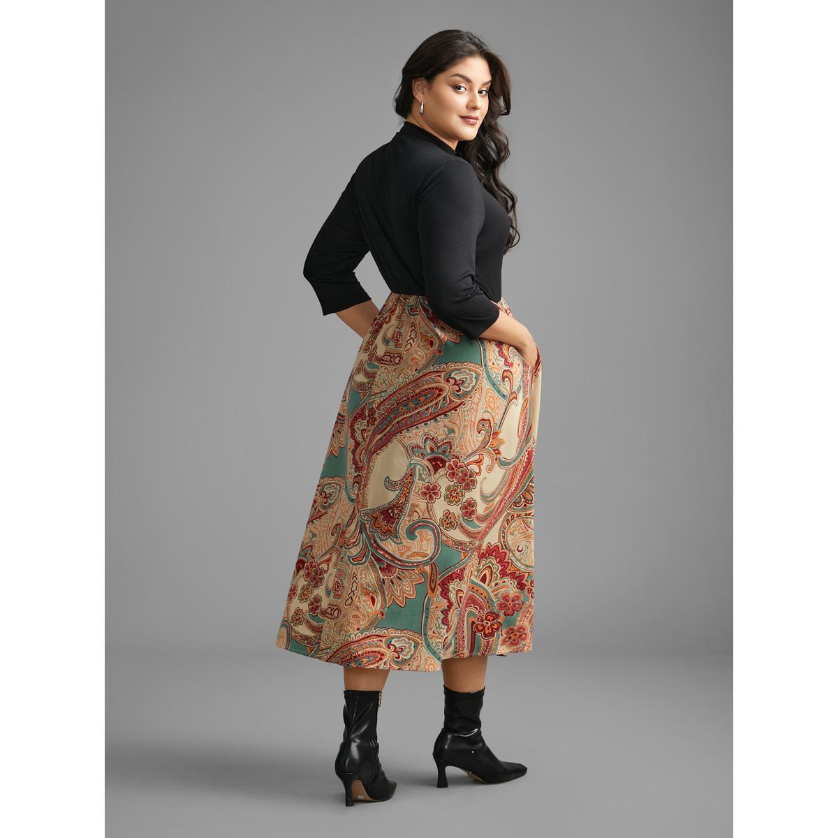 Plus Size Bandana Print Patchwork Elastic Waist Dress Black Women Resort Patchwork Mock Neck Elbow-length sleeve Curvy BloomChic 14-16/1X Product Image