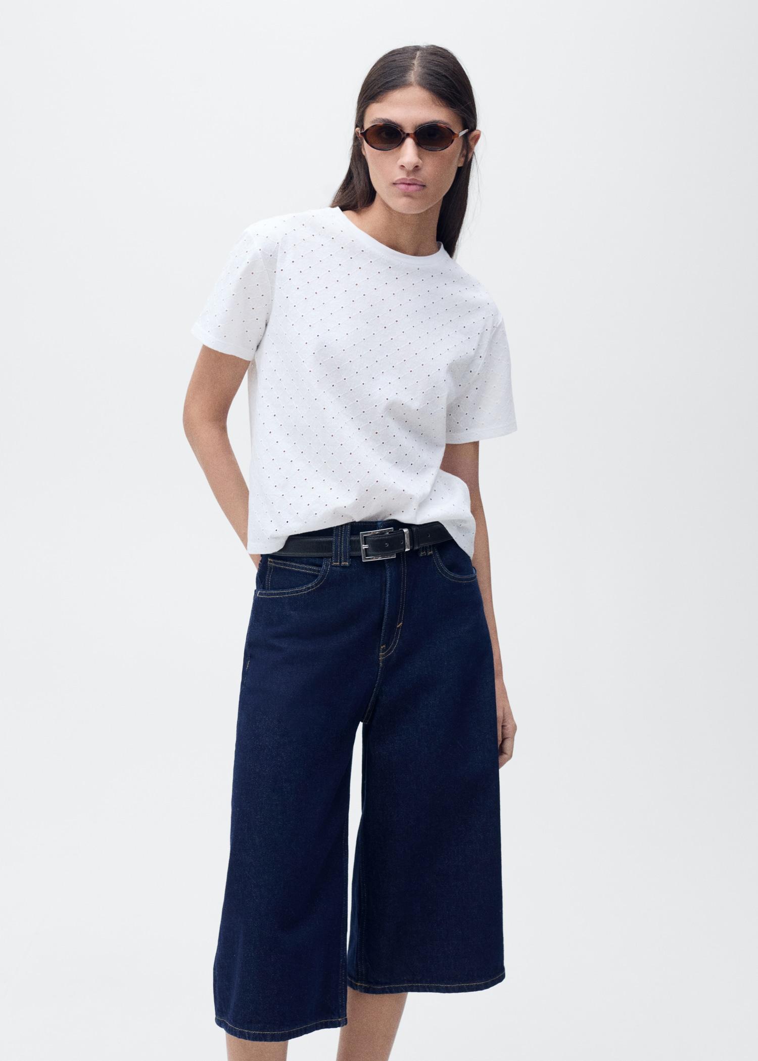 Embroidered openwork t-shirt - Women | MANGO USA Product Image