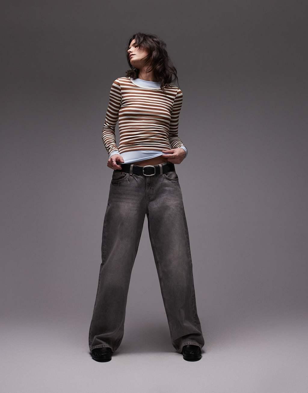 Topshop double layer jersey top in brown stripe Product Image