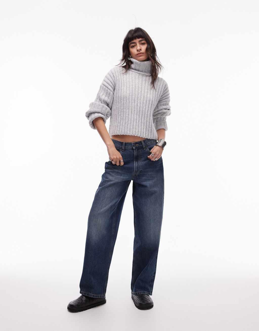 Topshop knitted roll neck rib crop sweater in gray Product Image