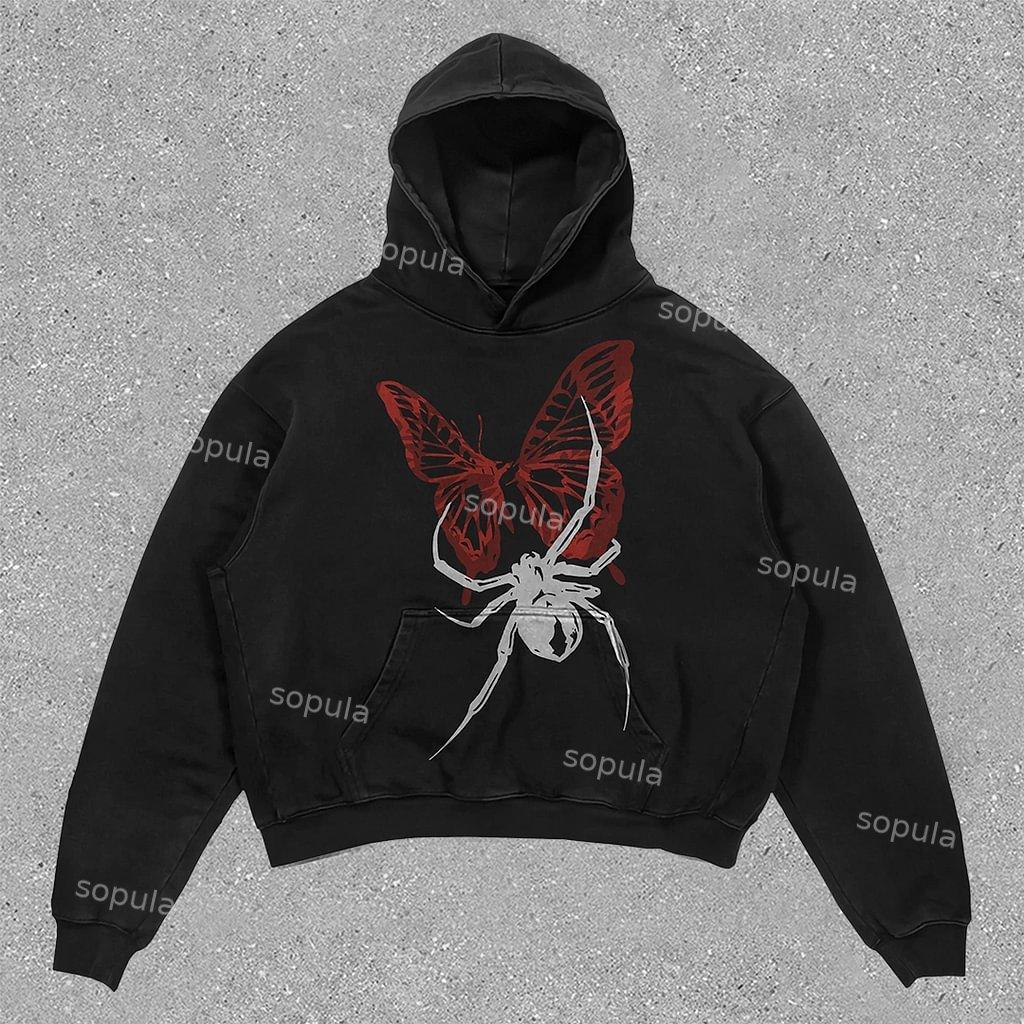 Sopula Vintage Spider Butterfly Graphic Acid Washed Oversized Hoodie Product Image