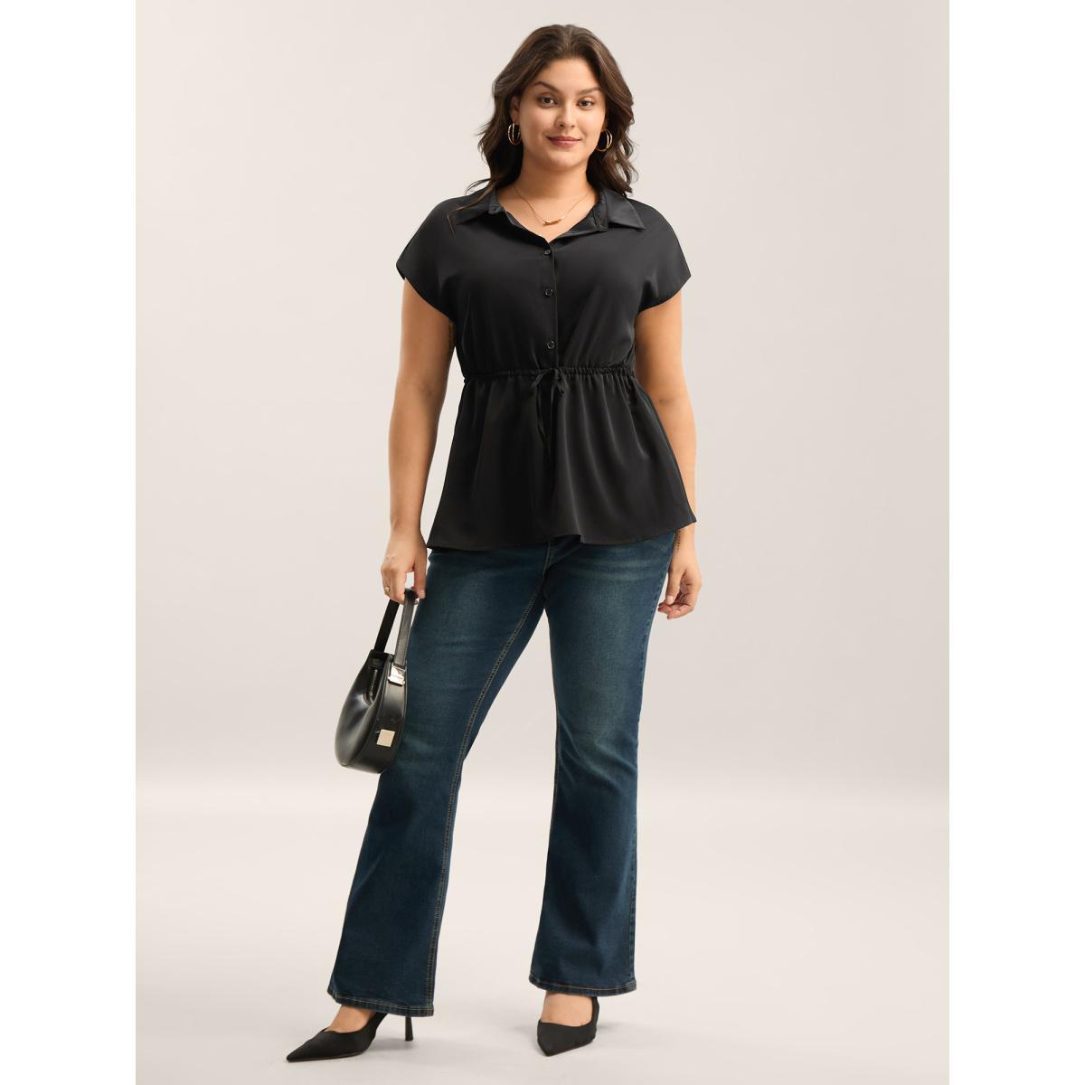 Plus Size Black Solid Drawstring Waist Blouse Women Cap Sleeve Shirt collar Work Blouses BloomChic 14-16/1X Product Image