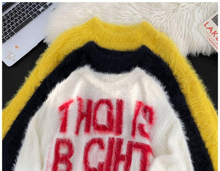 Crew Neck Lettering Fluffy Sweater Product Image