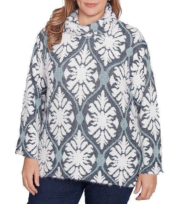 Ruby Rd. Plus Size Jacquard Knit Jewel Tile Cowl Neck Long Sleeve Side Slits Sweater Product Image