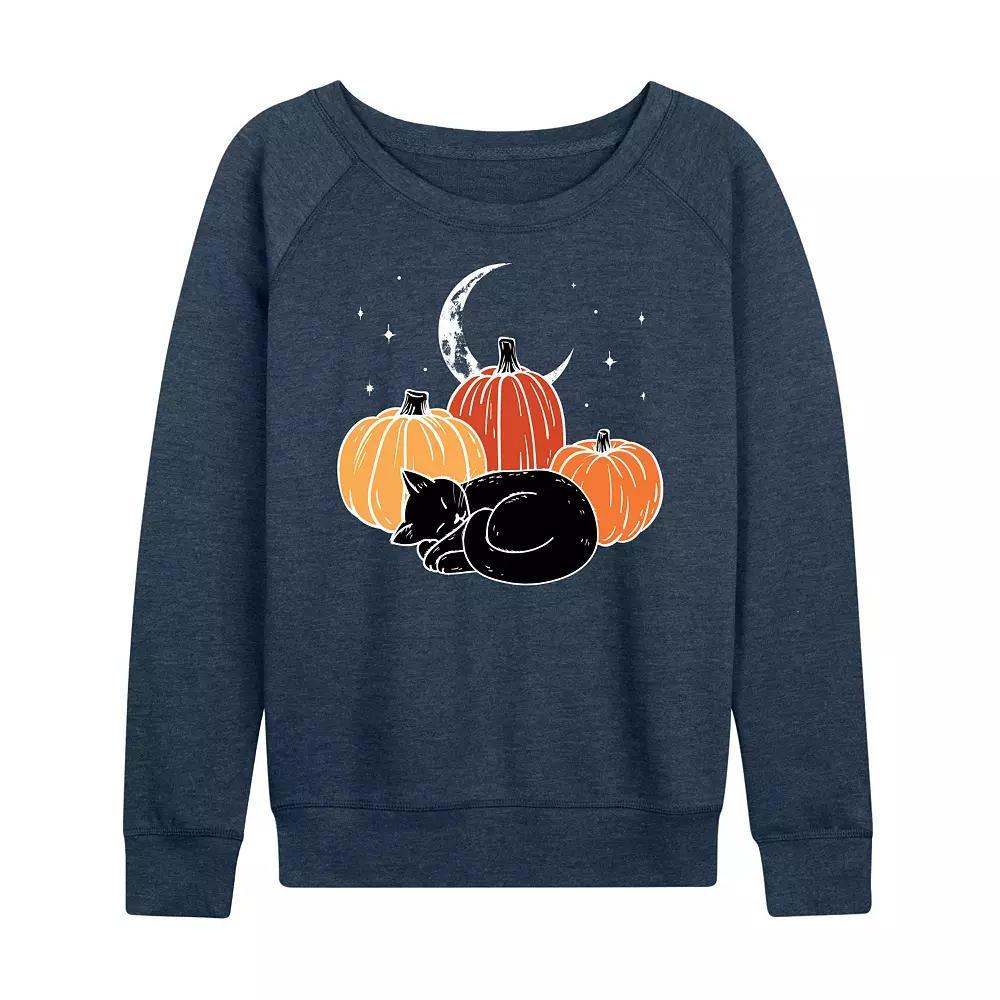 Women's Black Cat Pumpkin Nap French Terry Long Sleeve Tee, Size: XXL, Grey Indigo Product Image