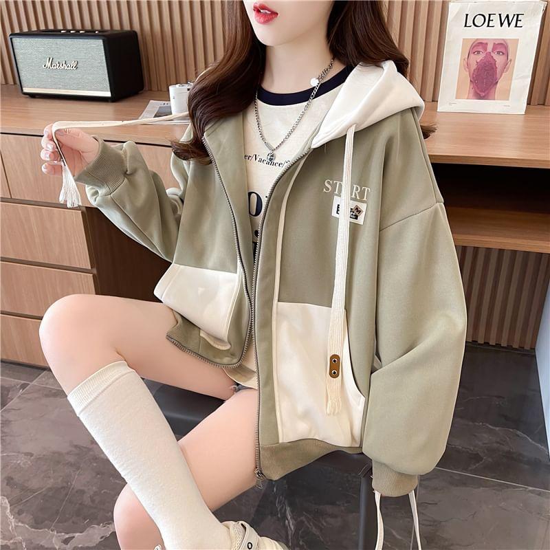 Two Tone Lettering Embroidered Zip-Up Hoodie Product Image
