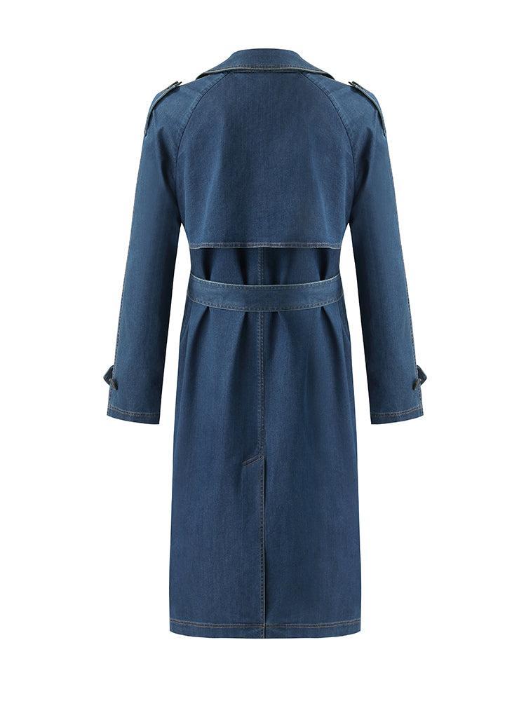 Denim Lapel Women Trench Coat With Belt Product Image