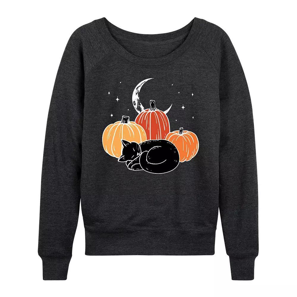 Women's Black Cat Pumpkin Nap French Terry Long Sleeve Tee, Size: XXL, Grey Indigo Product Image