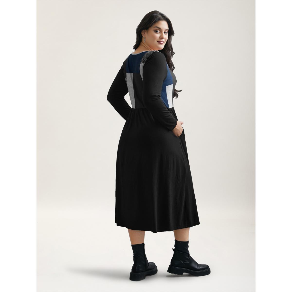 Plus Size Geometric Color-Block Stretchy Waist Midi Dress Black Women Casual Contrast Knit Dresses Bloomchic 14-16/1X Product Image