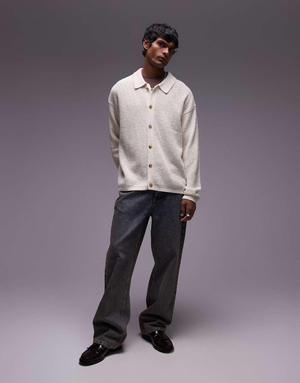 Topman long sleeve open knit shirt in cream Product Image