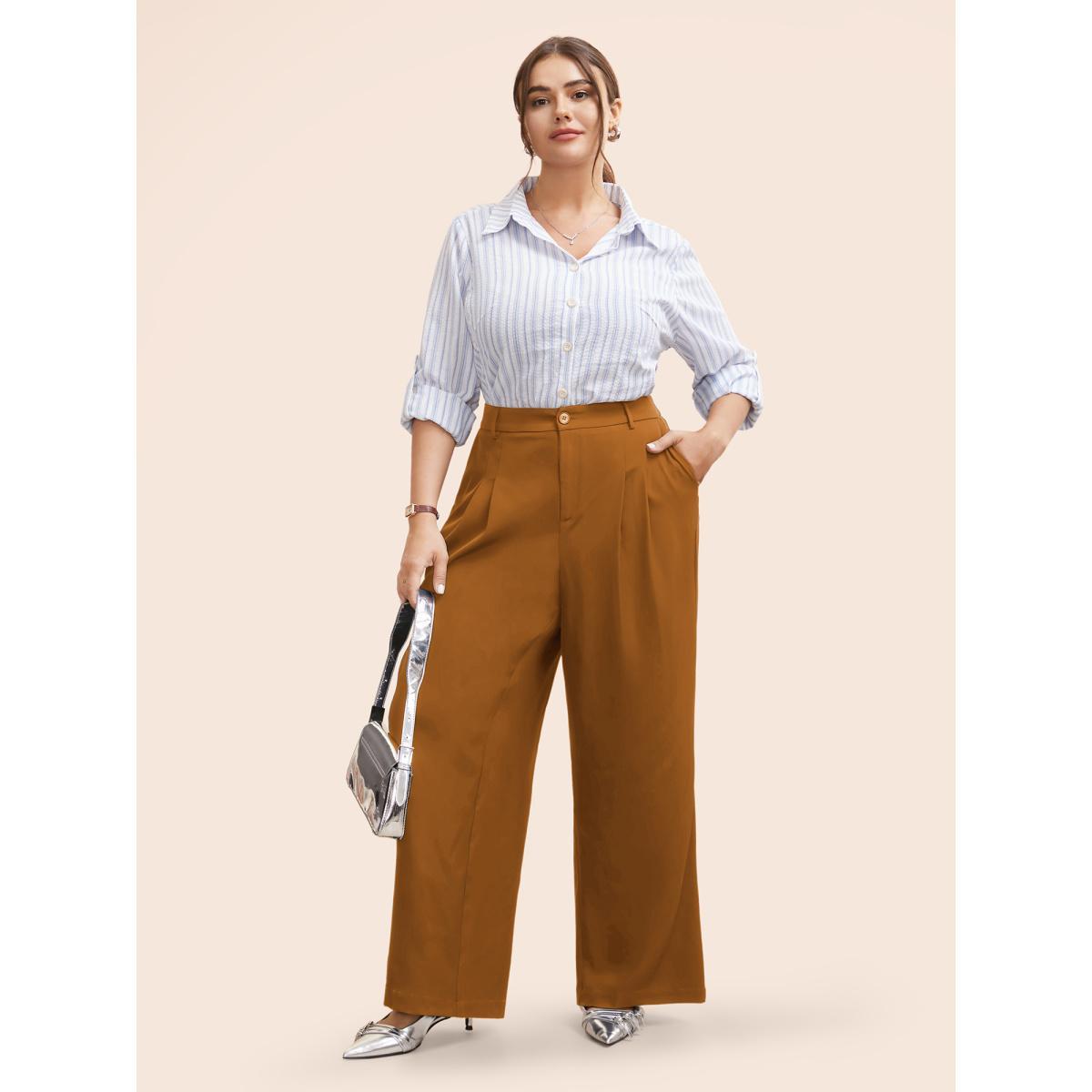 Plus Size Stretch Woven Pleated Elastic Waist Pants Women Yellowishbrown At the Office Wide Leg Mid Rise Work Pants BloomChic 28/5X Product Image