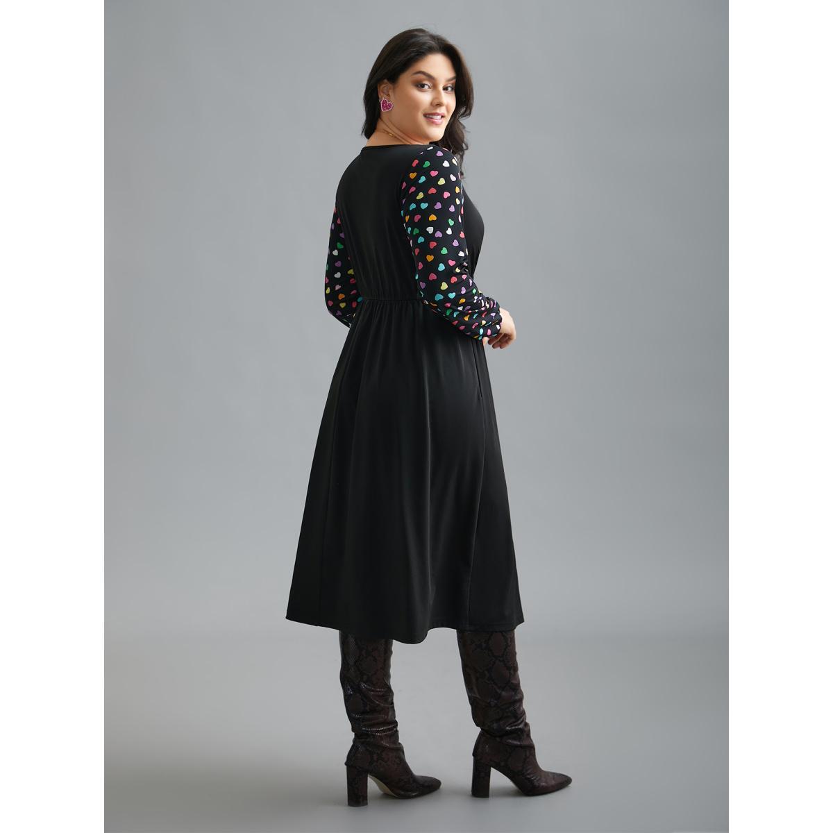 Plus Size Polka Dot Sleeve Waist-Cinched Lace Dress Black Women Elegant Woven ribbon&lace trim Heart neckline Long Sleeve Curvy BloomChic 12/L Product Image