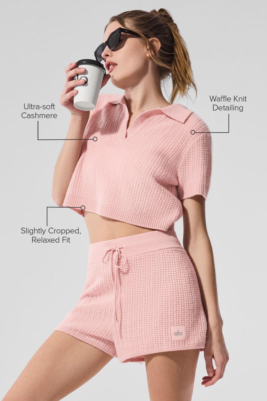 Cashmere Plush Waffle Polo Tee - Pink Quartz Female Product Image