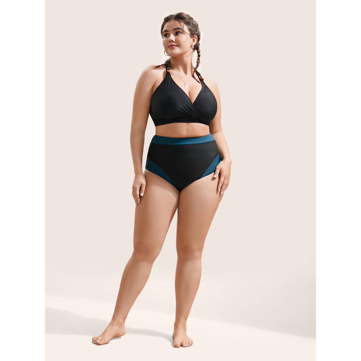 Plus Size Two Tone Patchwork High Rise Swim Bottom Women's Swimwear Black Beach Non High stretch Skinny High Rise Curve Swim Bottoms BloomChic 18-20/2X Product Image