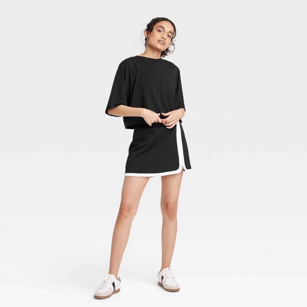 Womens Boxy Cropped Short Sleeve Top - JoyLab Black M: Midweight Jersey Pullover, Banded Collar Product Image