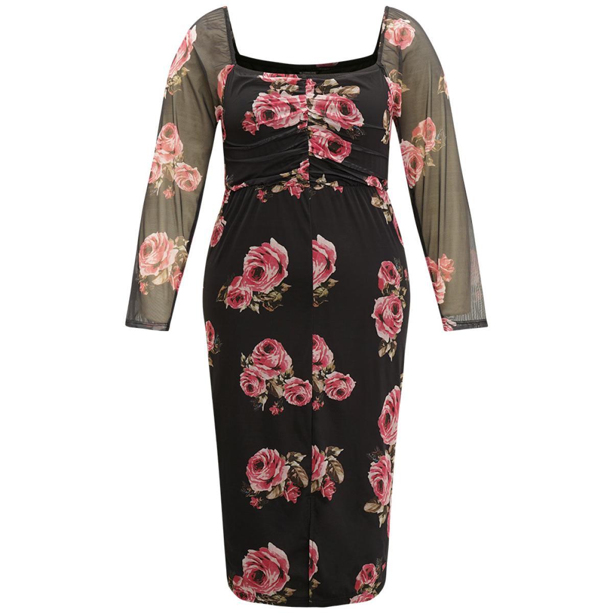 Plus Size Floral Mesh Patchwork Ruched Square Neck Split Hem Dress BlackFlower Women Cocktail Gathered Square Neck Long Sleeve Curvy Midi Dress BloomChic 14-16/1X Product Image
