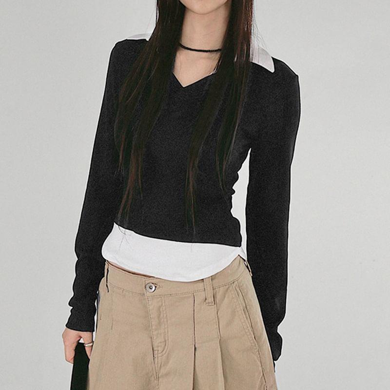 Long Sleeve V-Neck Mock Two Piece Crop Top Product Image
