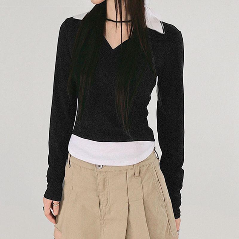 Long Sleeve V-Neck Mock Two Piece Crop Top Product Image