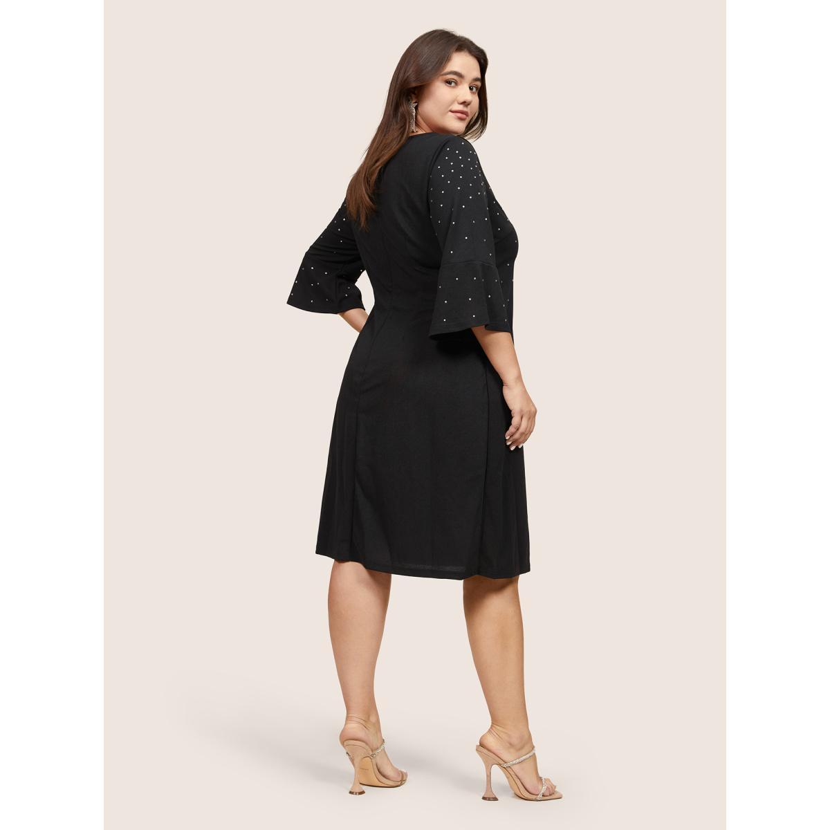 Plus Size Rhinestone Curved Hem Bell Sleeve Dress Black Women Cocktail Rhinestone detailing Round Neck Elbow-length sleeve Curvy Knee Dress BloomChic 28/5X Product Image
