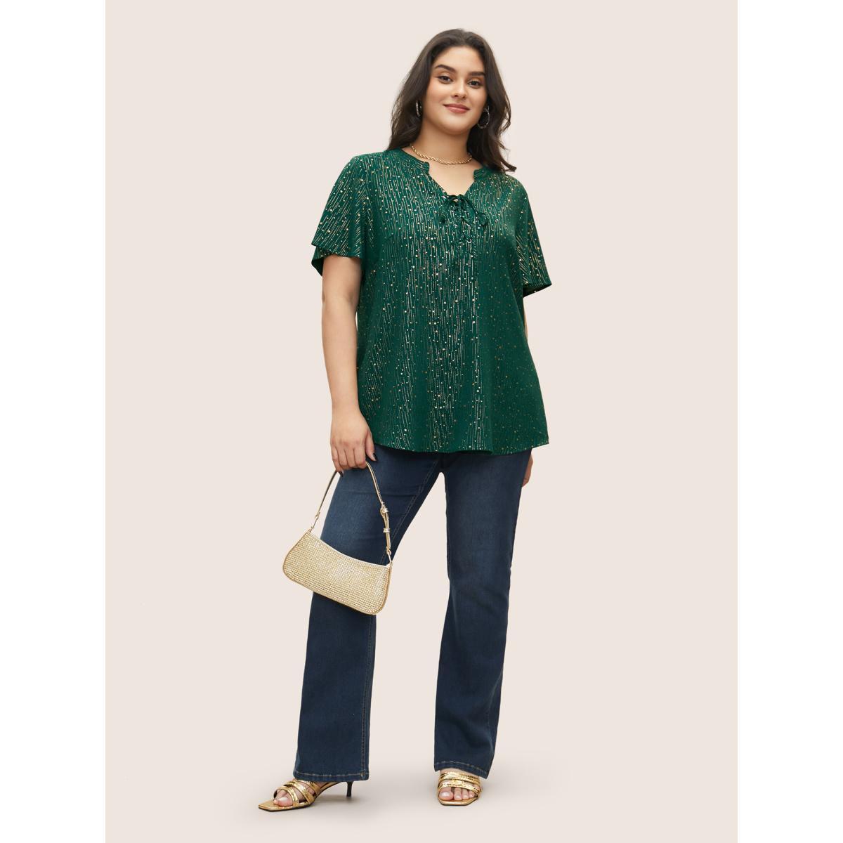 Plus Size ArmyGreen Star Glitter Lace Up Knot Neck Blouse Women Cocktail Short sleeve Notched collar Party Blouses BloomChic 22-24/3X Product Image