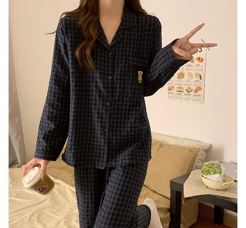 Pajama Set: Gingham Button-Up Shirt + Pants Product Image