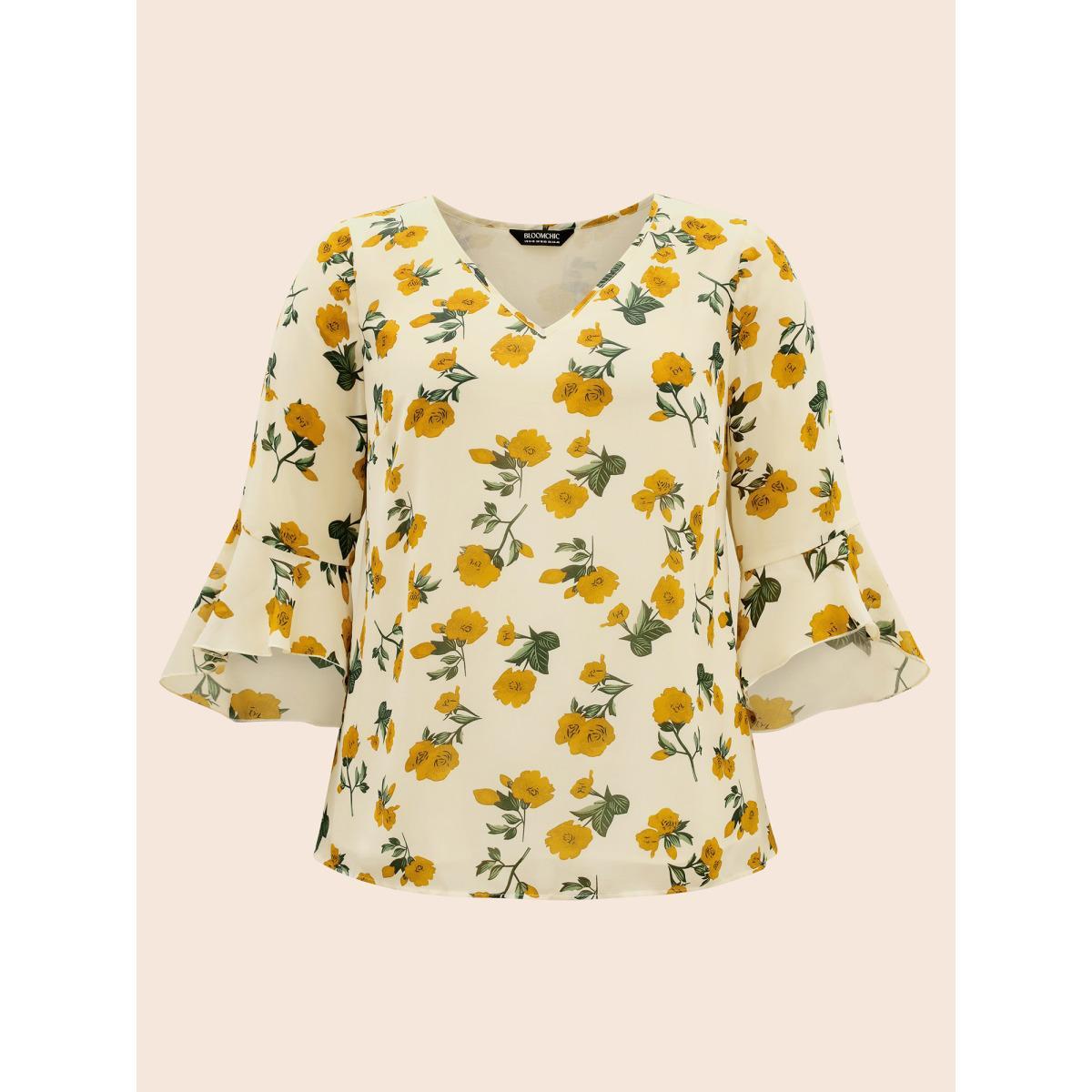 Plus Size Mustardyellow Floral Ruffle Sleeve Split Hem Blouse Women Elegant Elbow-length sleeve V-neck Everyday Blouses BloomChic 28/5X Product Image