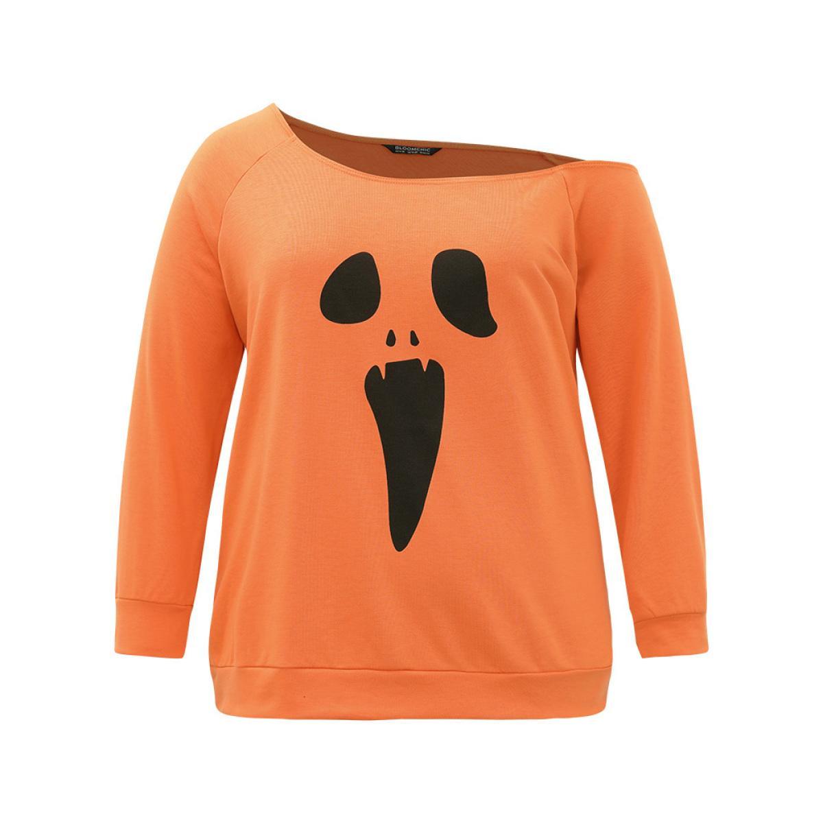 Plus Size Halloween Print One Shoulder Raglan Sleeve Sweatshirt Women OrangeRed Casual Printed Festival-Halloween Sweatshirts BloomChic 18-20/2X Product Image