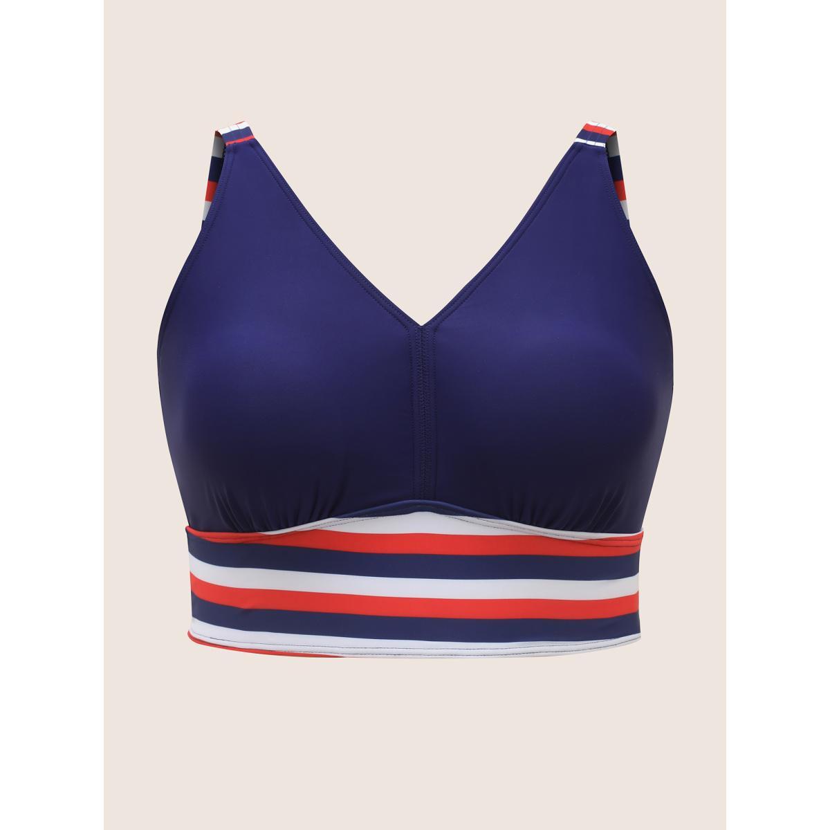 Plus Size Contrast Striped V Neck Gathered Swim Top Women's Swimwear Indigo Beach Gathered High stretch Skinny V-neck Curve Swim Tops BloomChic 30/6X Product Image