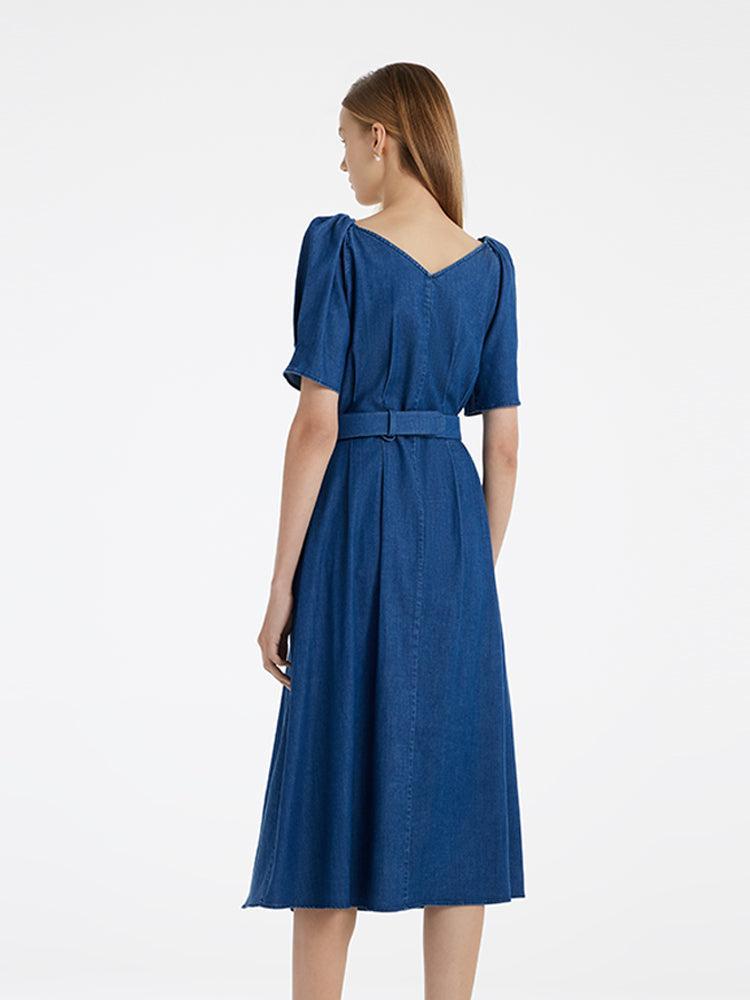 Denim Women Midi Dress With Heart-Shaped Buckle Belt Product Image
