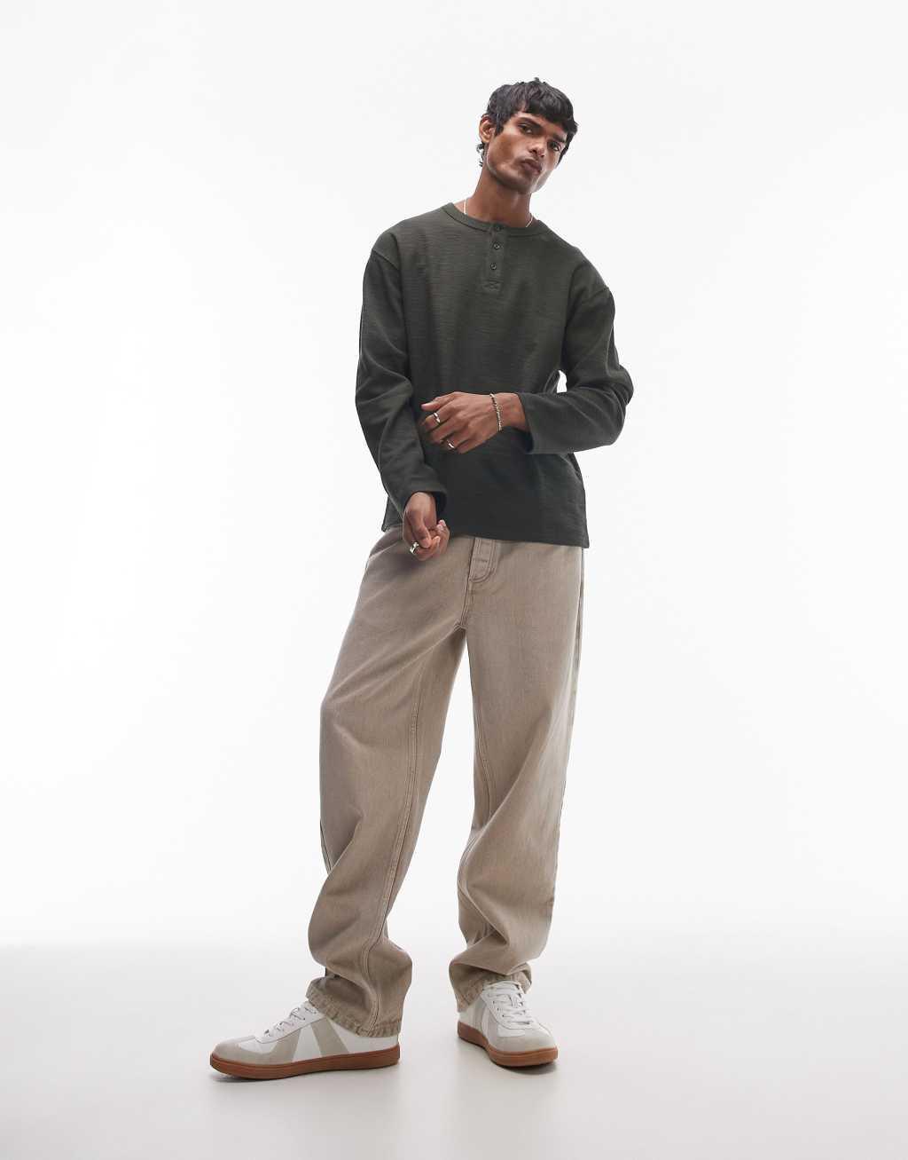 Topman oversized fit textured heavy weight henley t-shirt in khaki Product Image