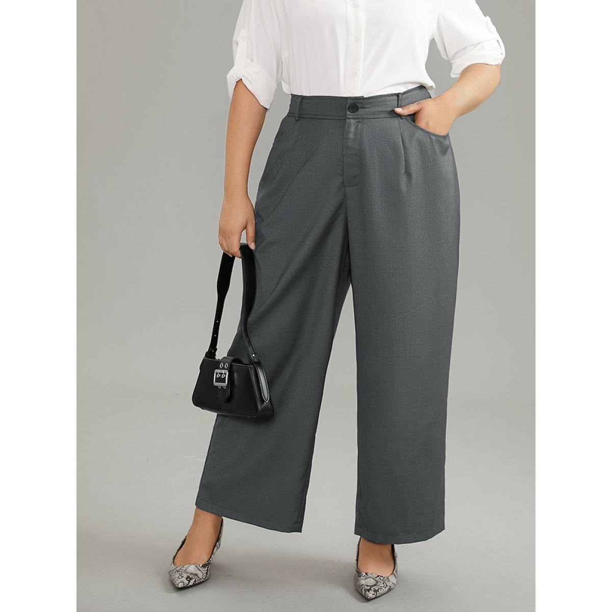 Plus Size Plain Pockec Straight Leg Zipper Fly Pants Women DimGray Office Straight Leg High Rise Work Pants BloomChic 30/6X Product Image