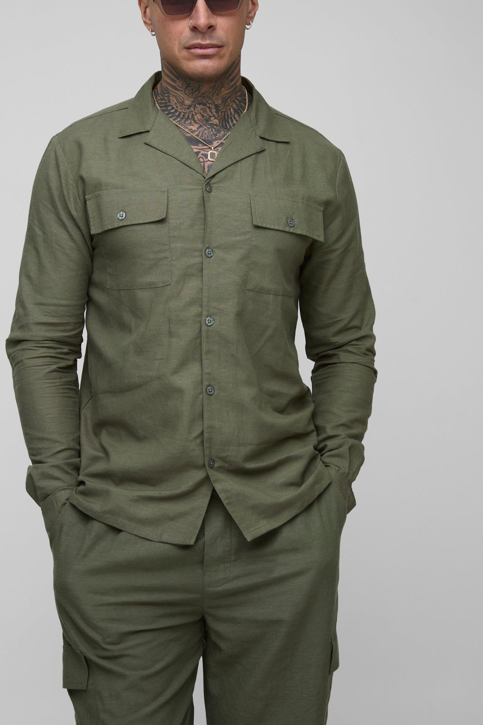 Tall Regular Linen Cargo Shirt & Relaxed Pants Set | boohooMAN USA Product Image