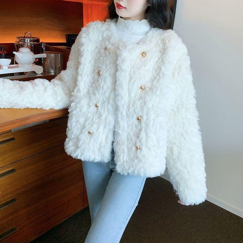 Round Neck Plain Faux Fur Double Breasted Jacket Product Image