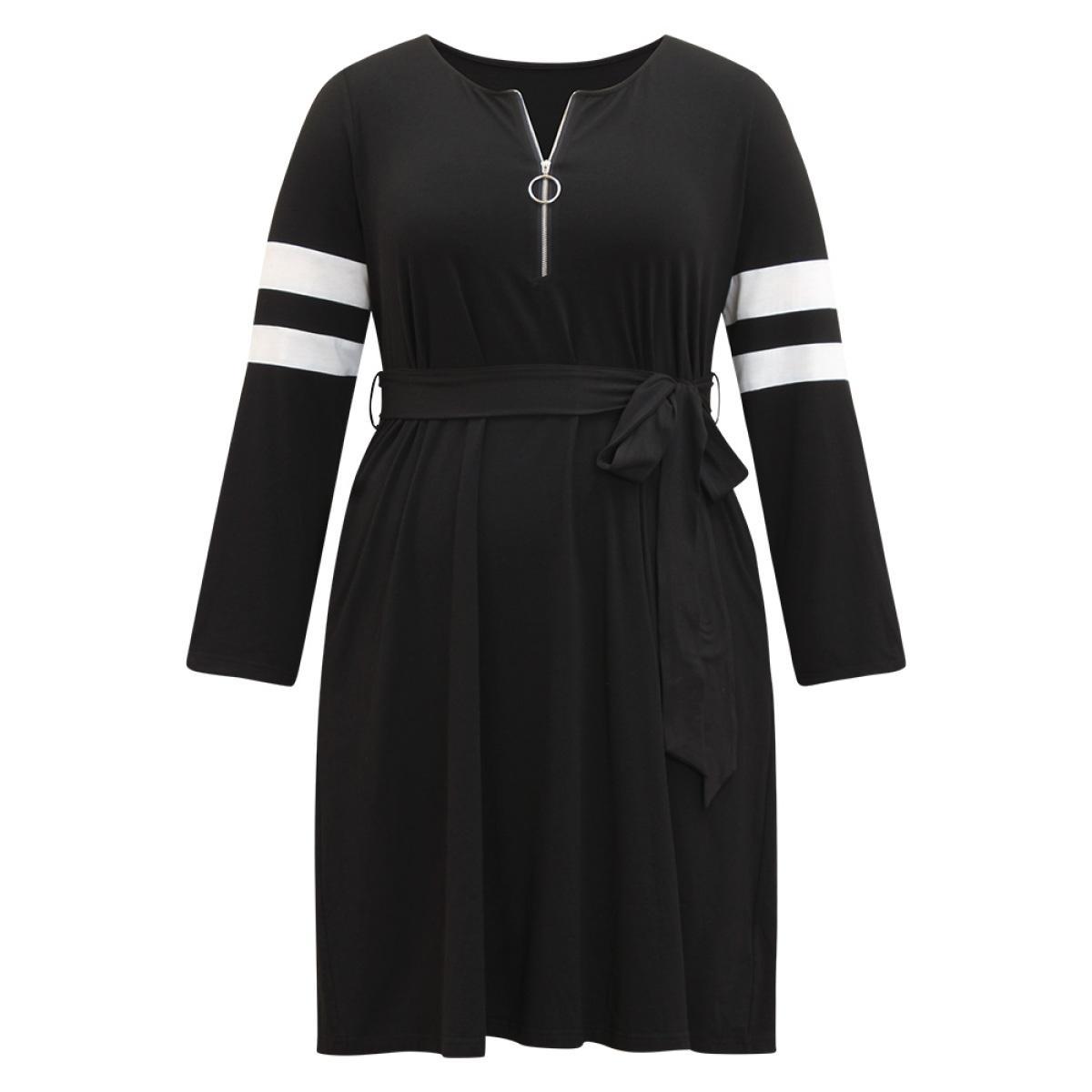 Plus Size Colorblock Patchwork Zipper Belted Dress Black Women Casual Belted Round Neck Long Sleeve Curvy Midi Dress BloomChic 10/M Product Image