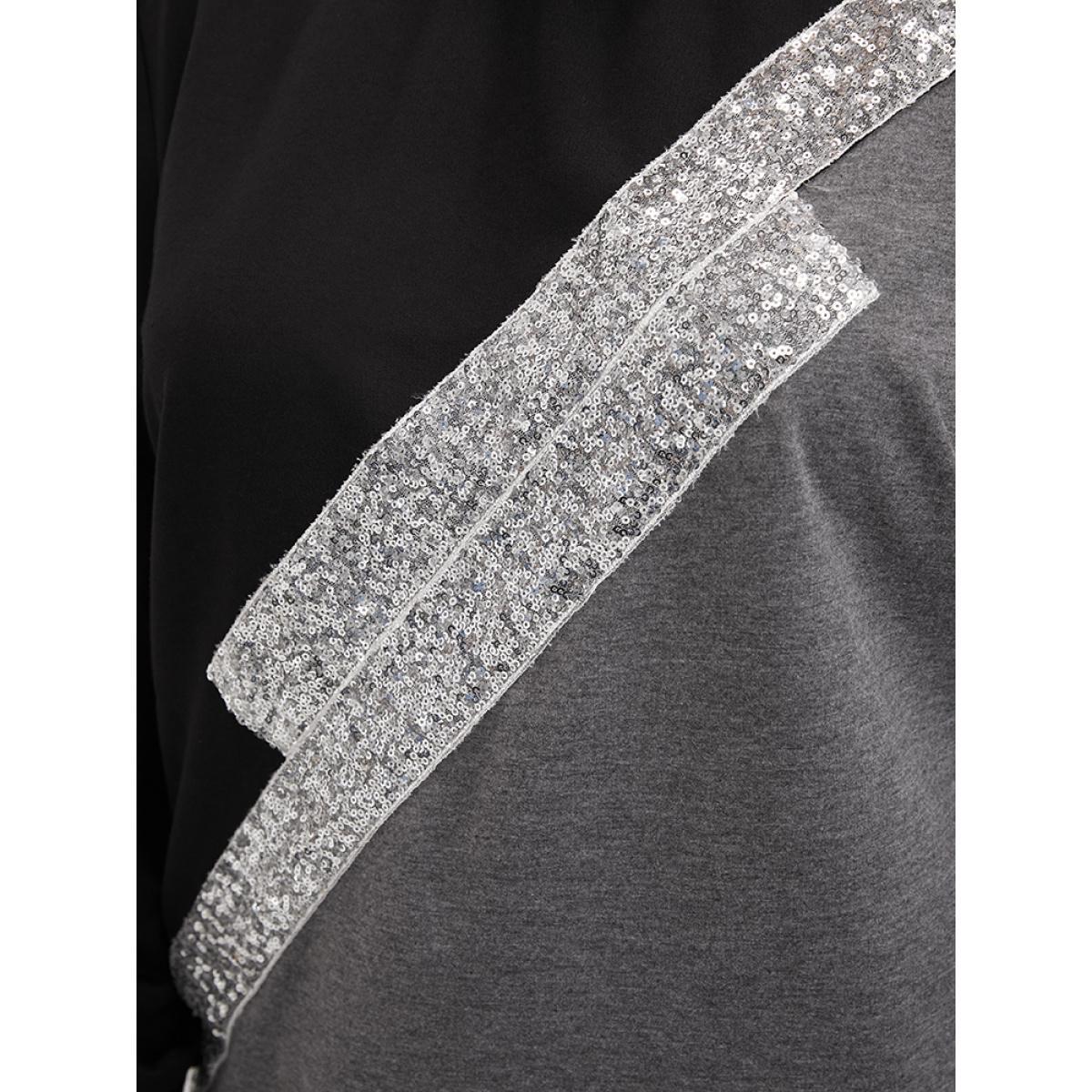 Plus Size Colorblock Contrast Sequin Drop Shoulder Sweatshirt Women DimGray Casual Contrast Round Neck Dailywear Sweatshirts BloomChic 26/4X Product Image