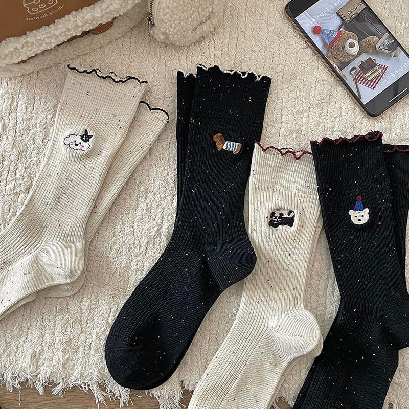 Cartoon Embroidered Contrast Trim Ribbed Socks Set Product Image