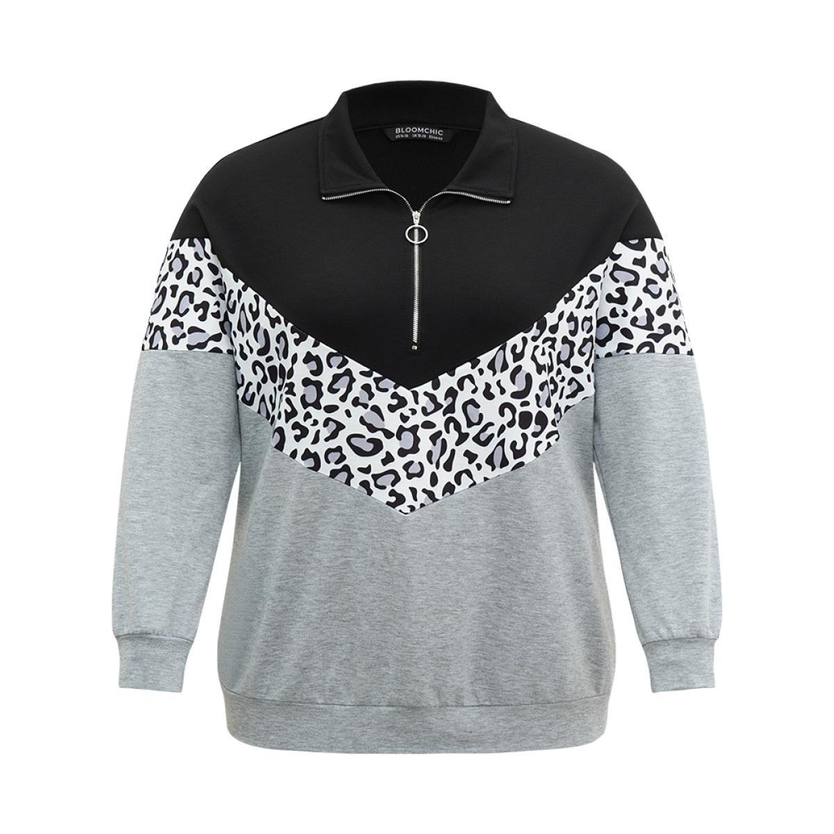 Plus Size Leopard Contrast Patchwork Half Zip Sweatshirt Women Black Casual Elastic cuffs Loose Polo Everyday Sweatshirts BloomChic 26/4X Product Image