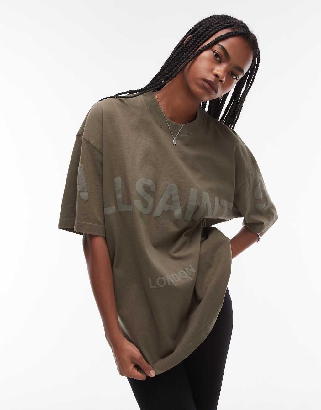 AllSaints Biggy tonal logo oversized t-shirt in khaki Product Image