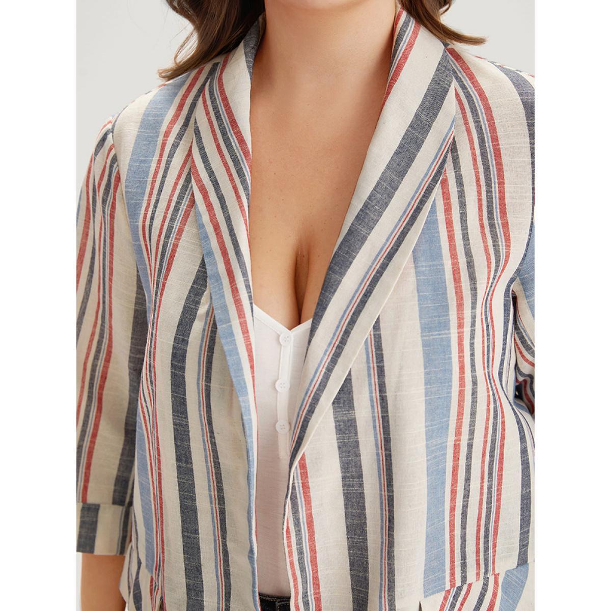 Plus Size Striped Lapel Collar Pocket Open Front Blazer DarkBlue Women Dailywear Striped Pocket Sleeve Elbow-length sleeve Lapel Collar 12/L Pocket Casual Blazers BloomChic Product Image