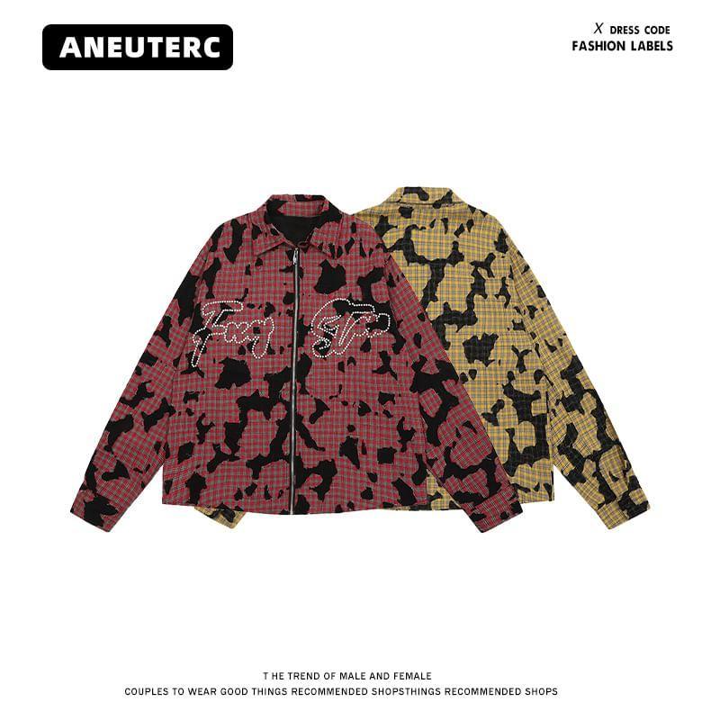 Collared Plaid Patterned Zip Up Shirt Jacket Product Image