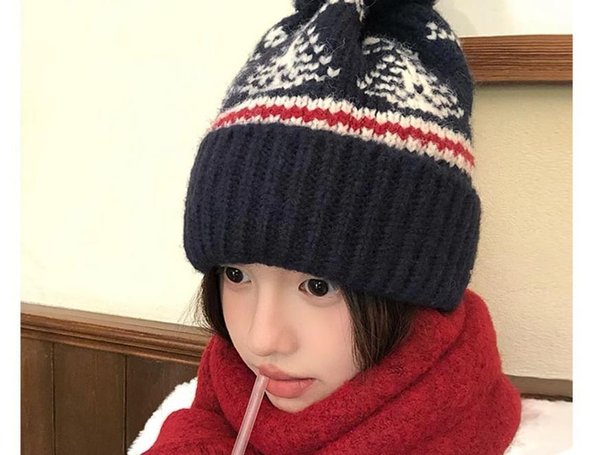 Patterned Pom Pom Knit Beanie Product Image