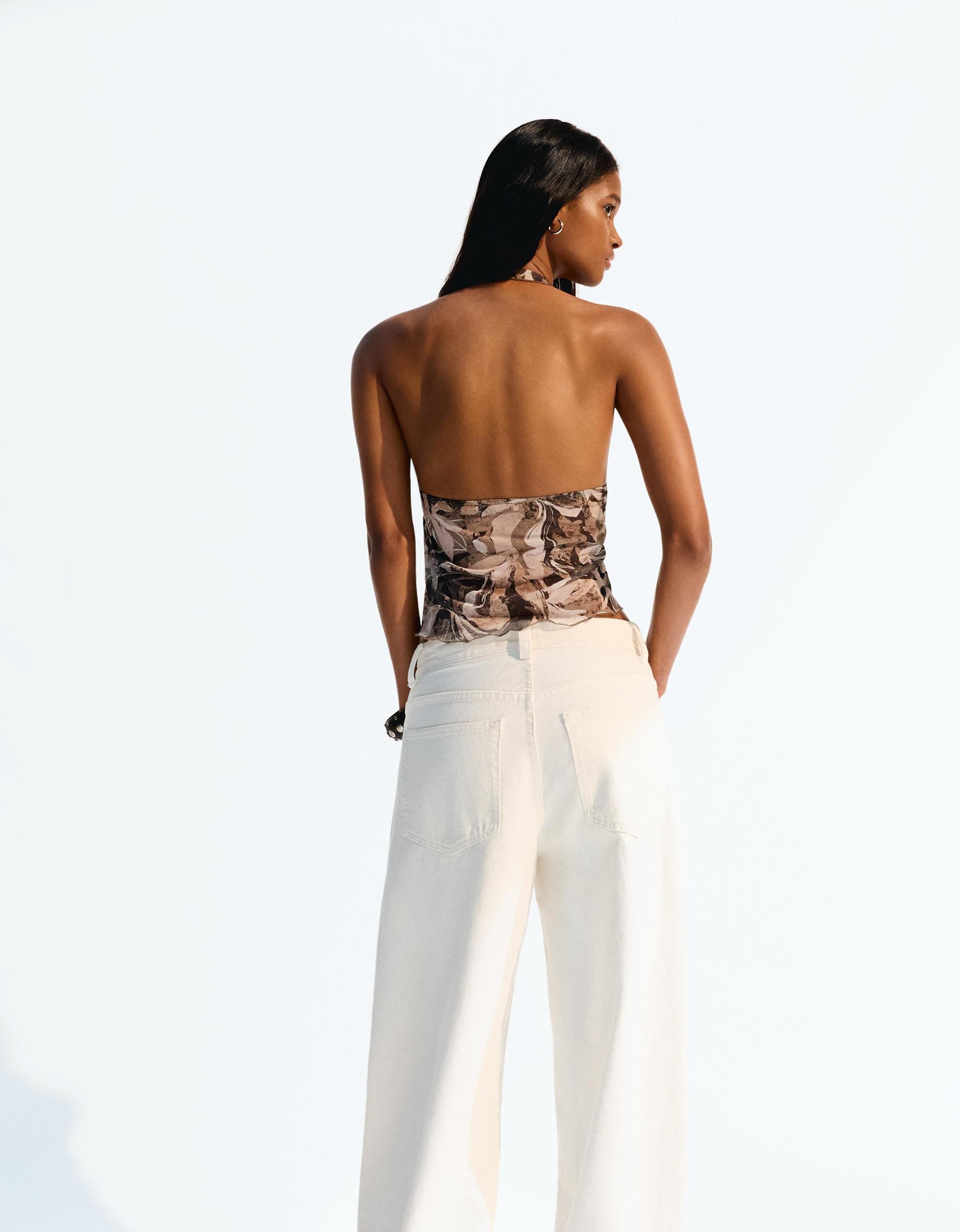Gathered printed tulle halter top Product Image