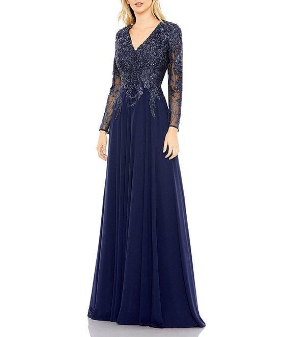 Mac Duggal Embellished Floral Lace V-Neck Illusion Long Sleeve Gown Product Image
