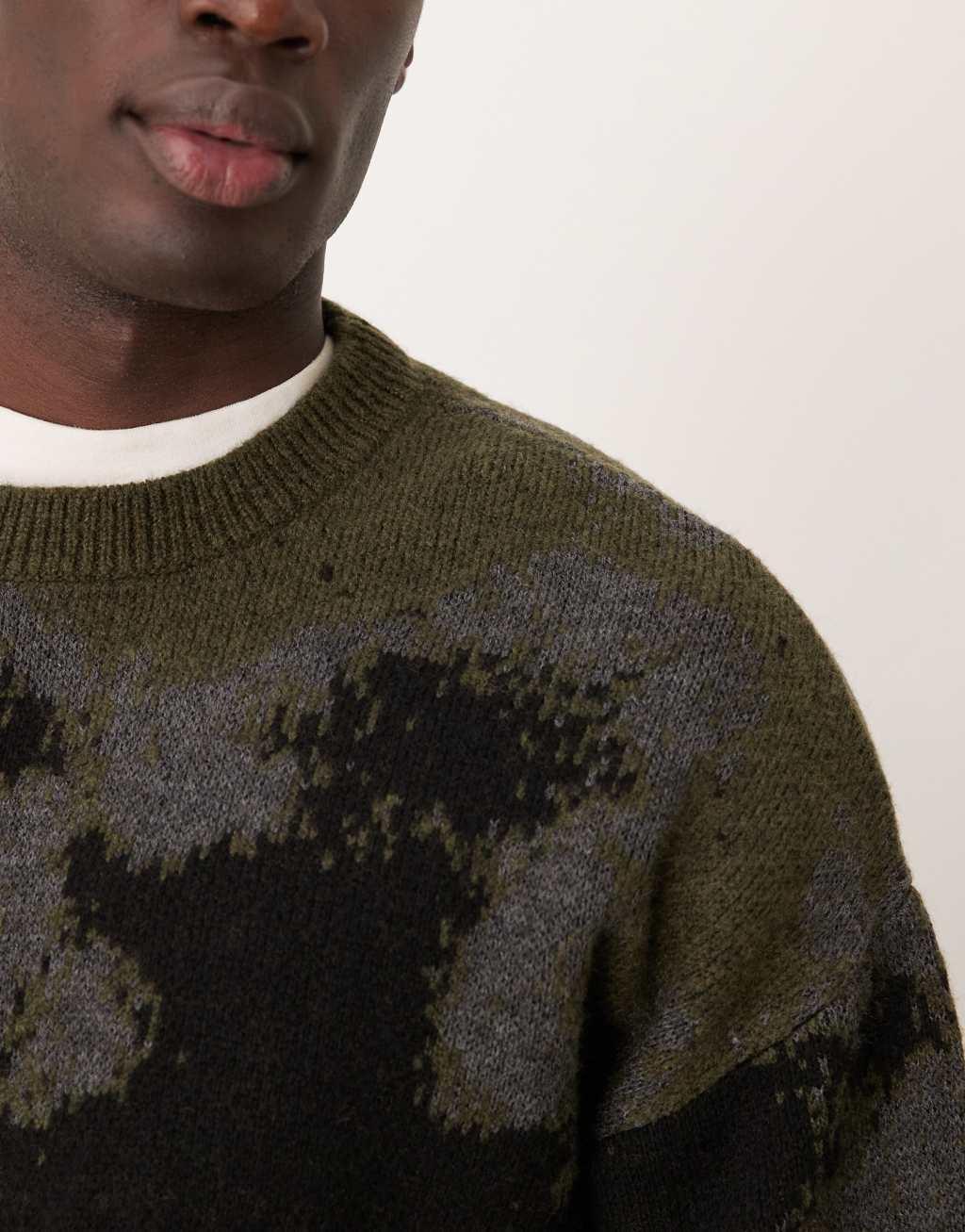 ASOS DESIGN relaxed boxy fit knit crew neck sweater with pattern in black Product Image